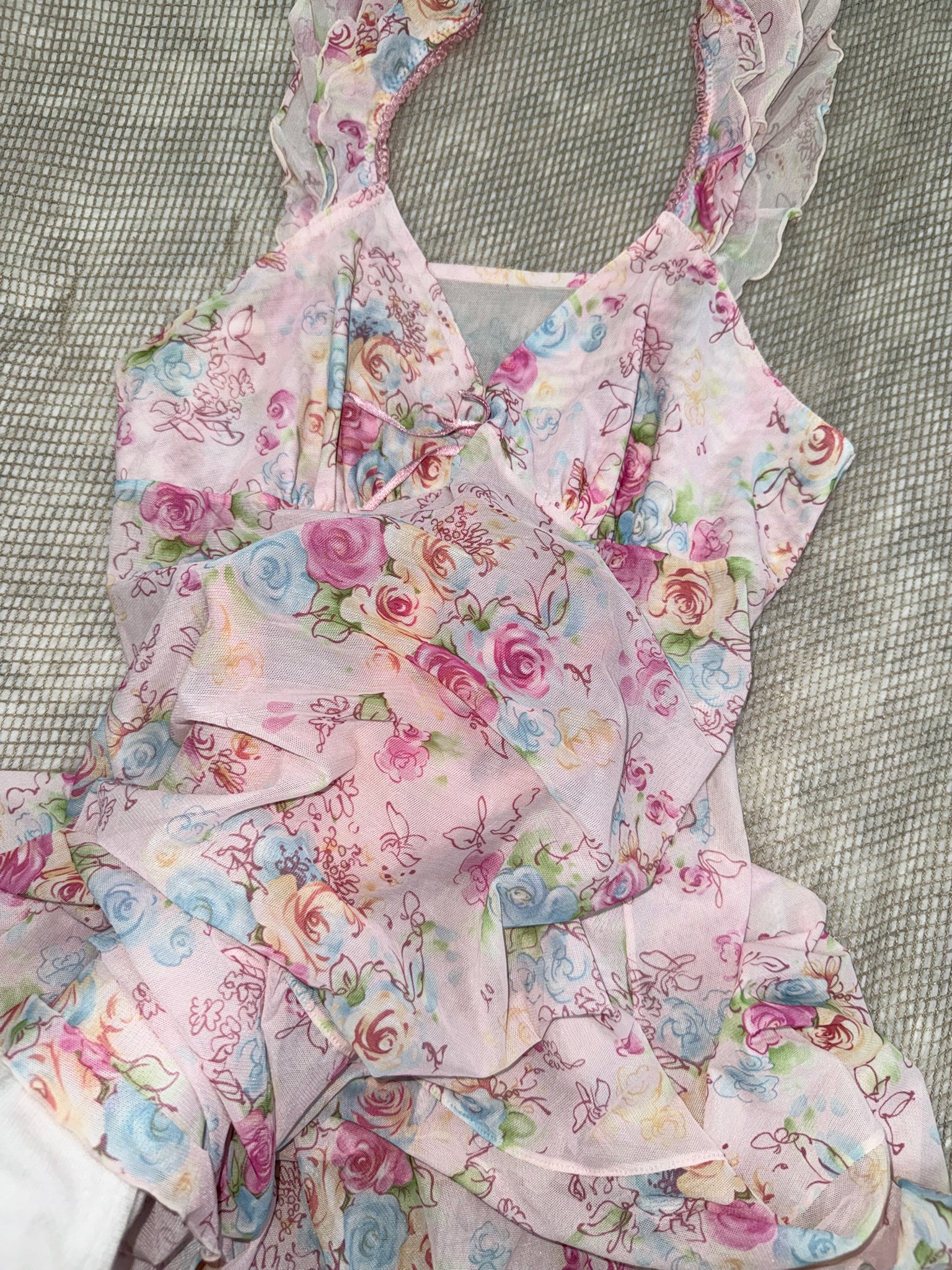 Pink Floral Print Mesh Slip Dress with Ruffled Straps and Lettuce Hem