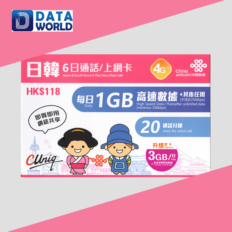 中國聯通 4G $118 日韓6日無限上網+20分鐘通話
