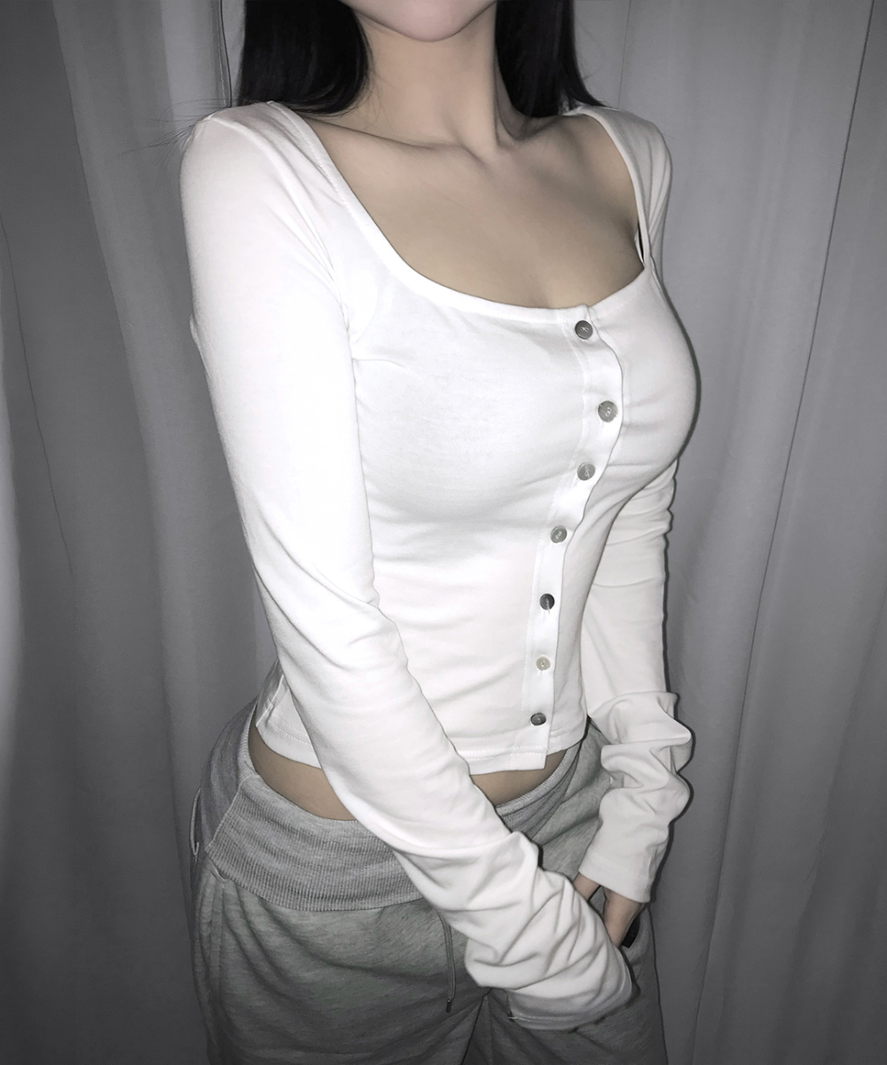 Square Neck Button-Up Long Sleeve Top