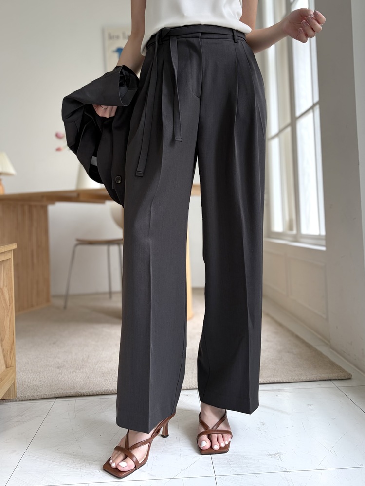 Aveline Belted Straight Slacks (Charcoal)