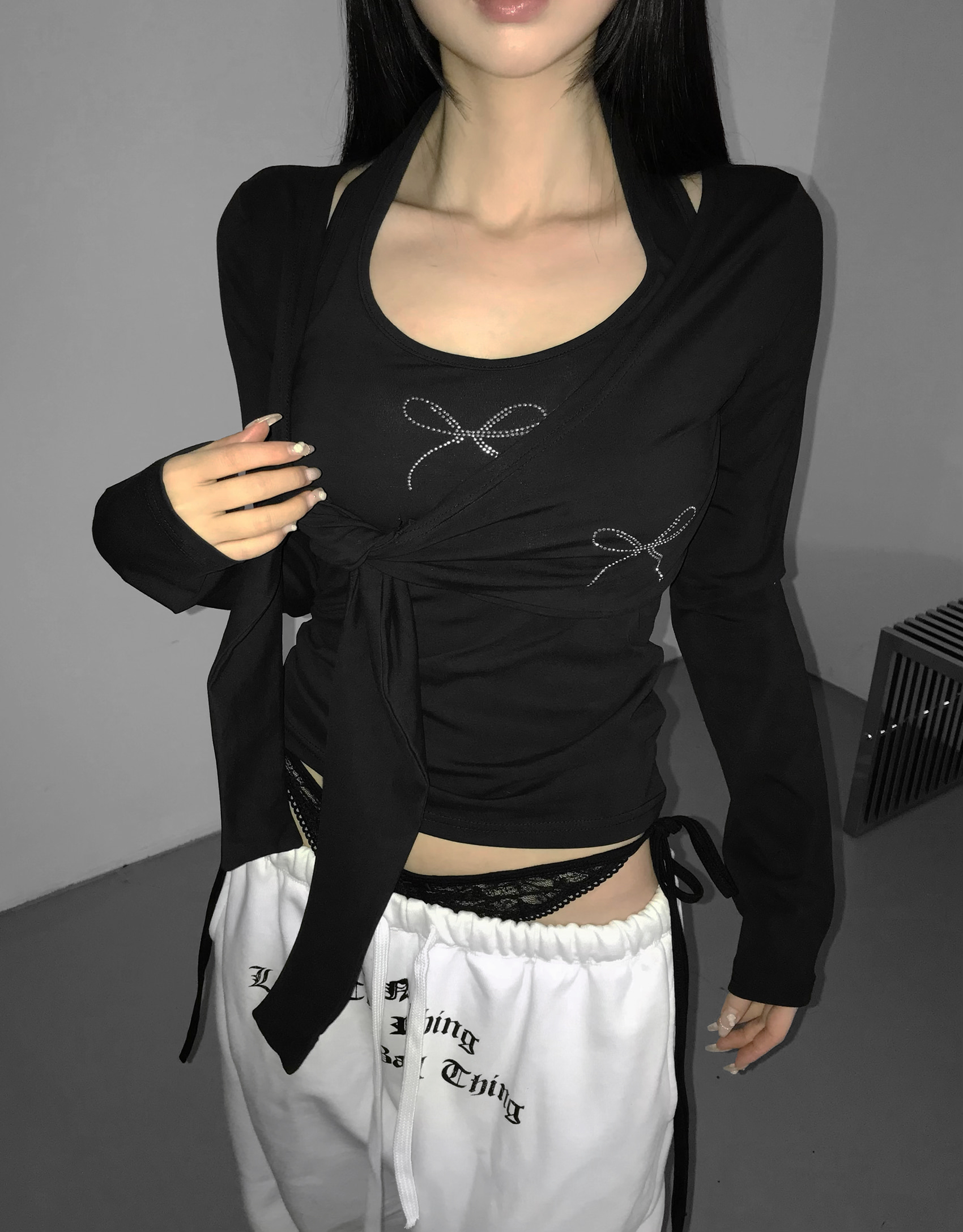 Layered Lace Waist Graphic Wide Leg Pants