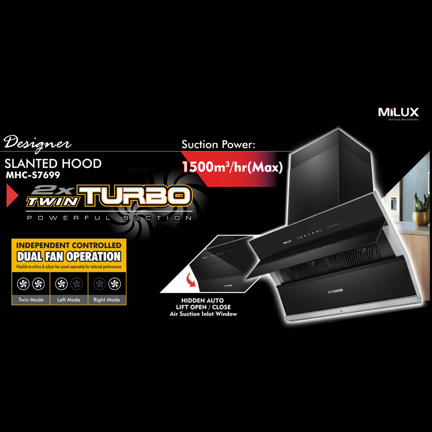 Milux 1500m³/hr Esthetique Chimney Hood (MHC-S7699)