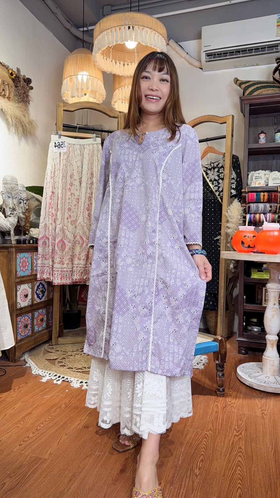 3576 Taro Cotton With white Lace Kurta