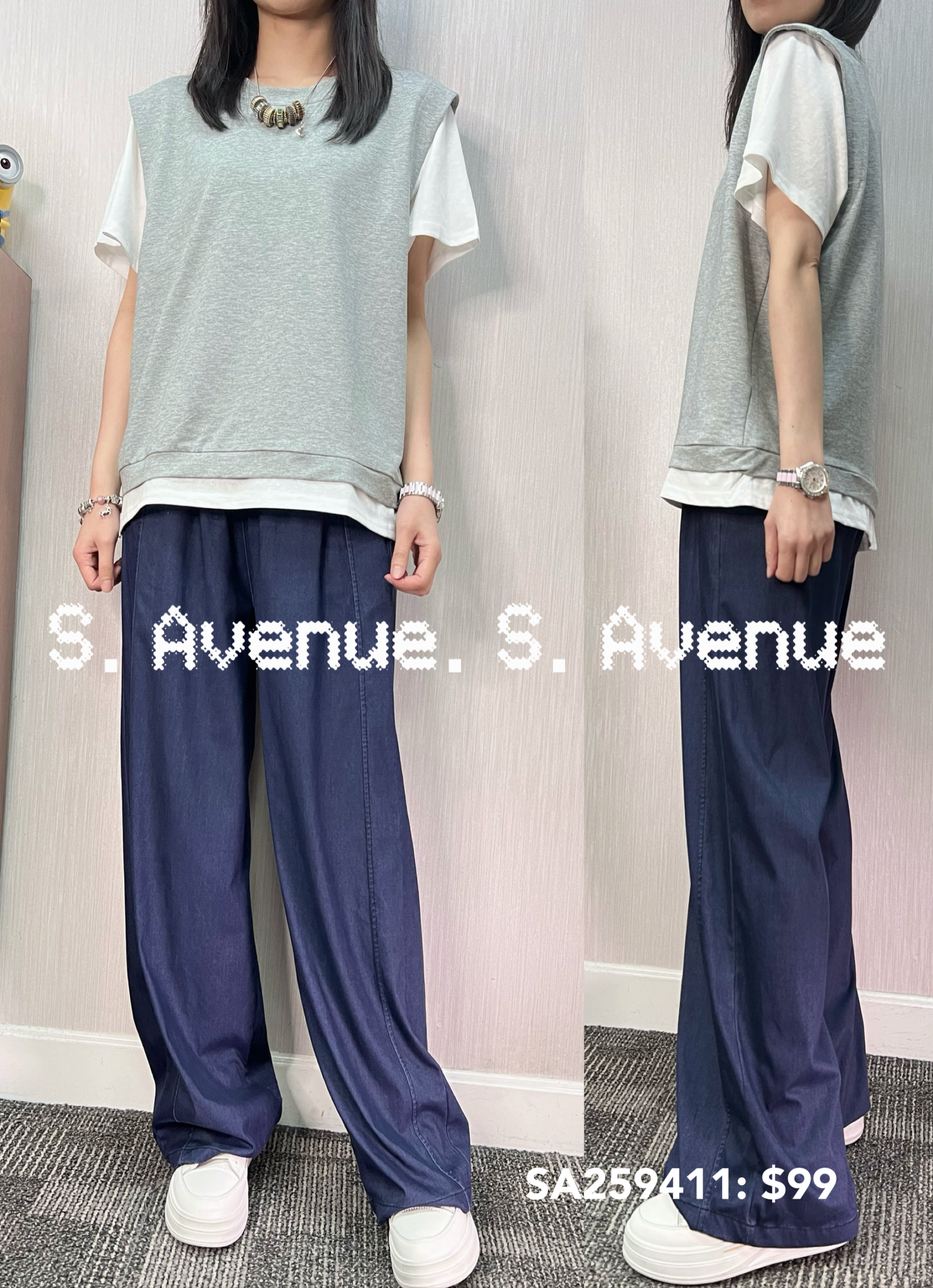 SA259411: 短袖假兩件鬆身tee