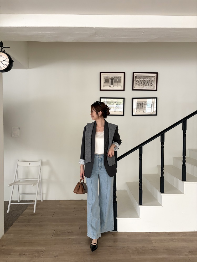 Margot Blazer with Striped Cuffs (Charcoal)