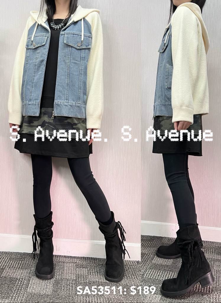 SA53511: 長袖有帽韓國絨拼牛仔拉錬褸