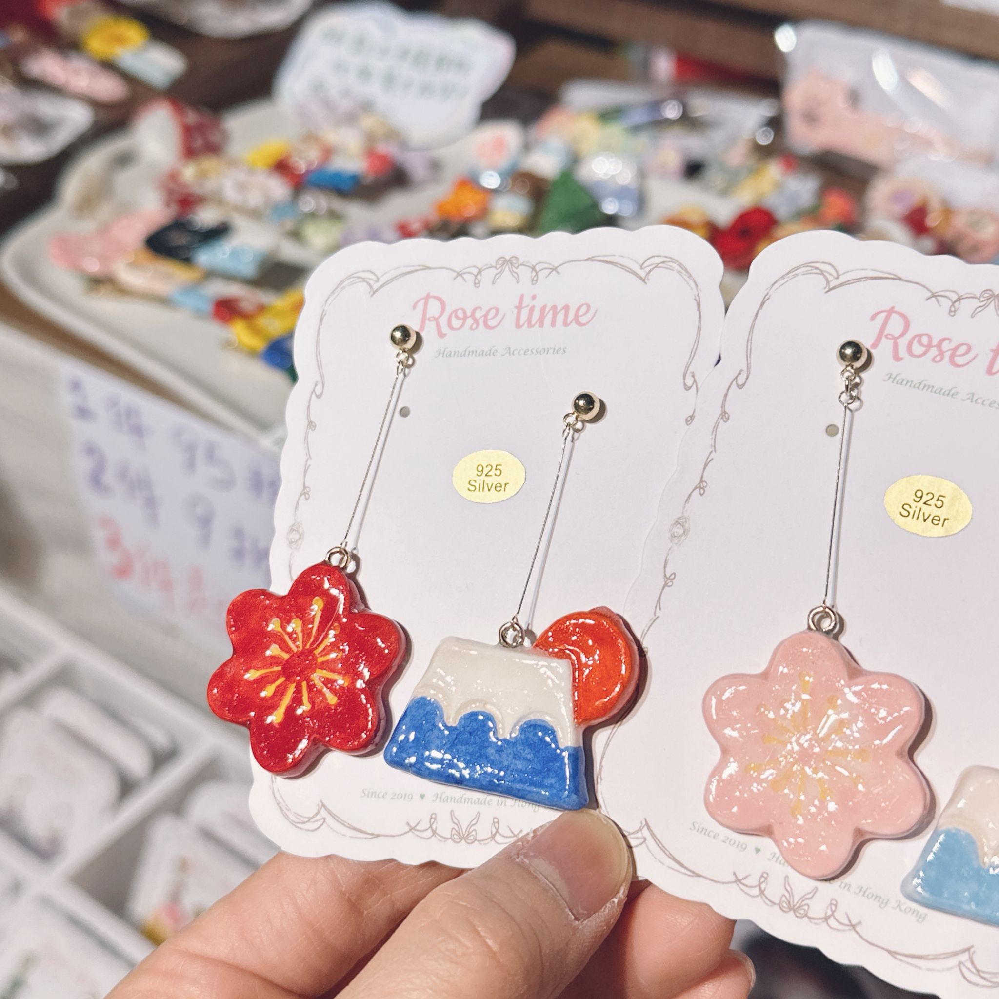 手繪 和風大花花富士山耳環 大紅/粉紅色