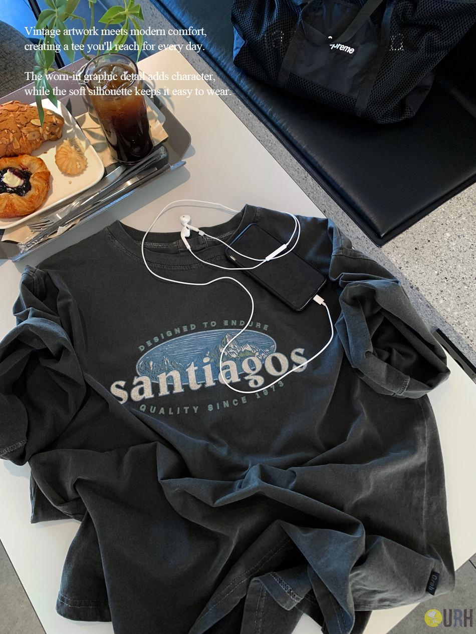 【100%保證韓國直送】Santiago Pigment 復古水洗顏料染印花圓領微寬鬆短袖Tee 👕 [3 color] RL115080