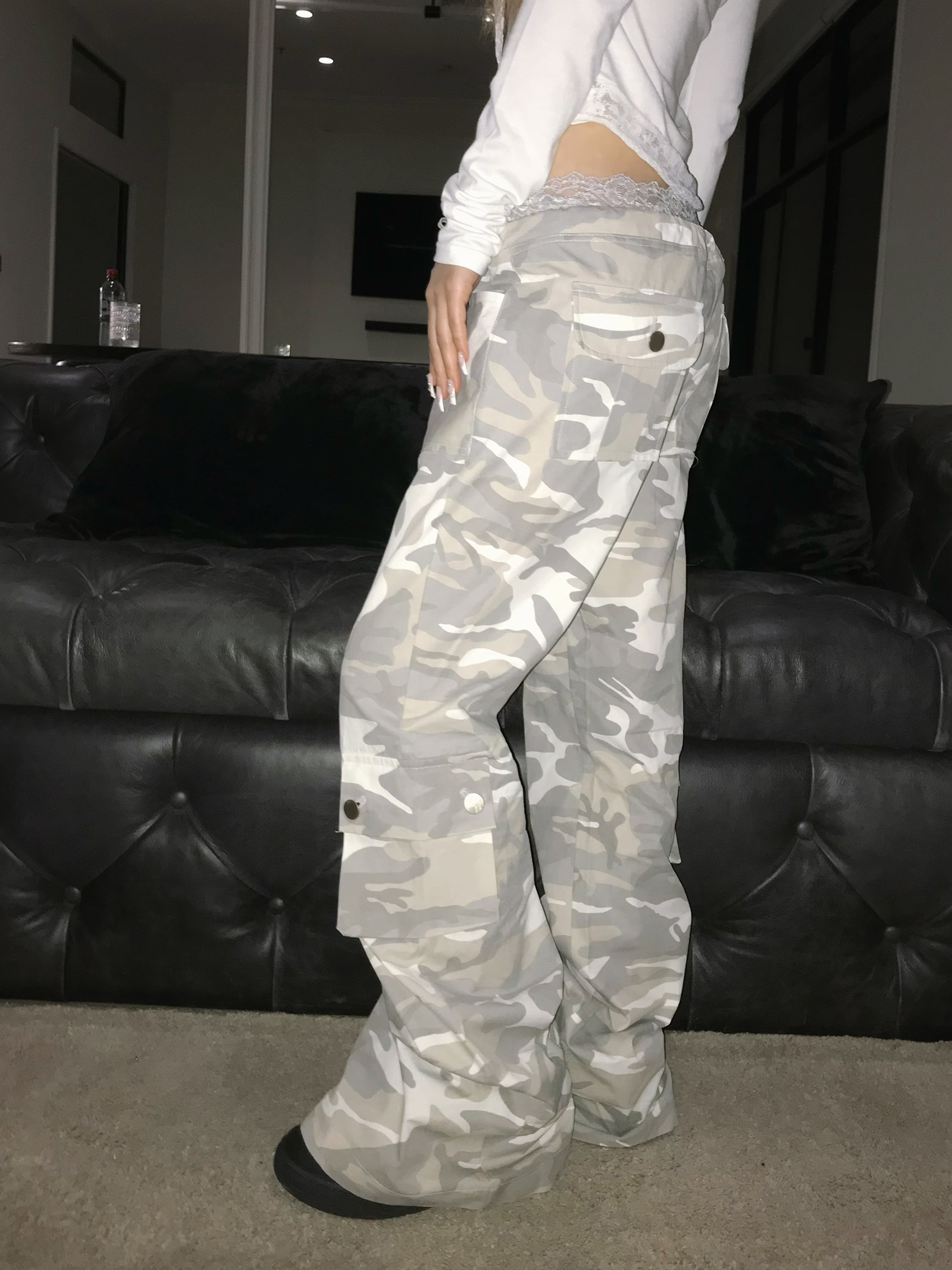 Camo Low-Rise Flare Cargo Pants