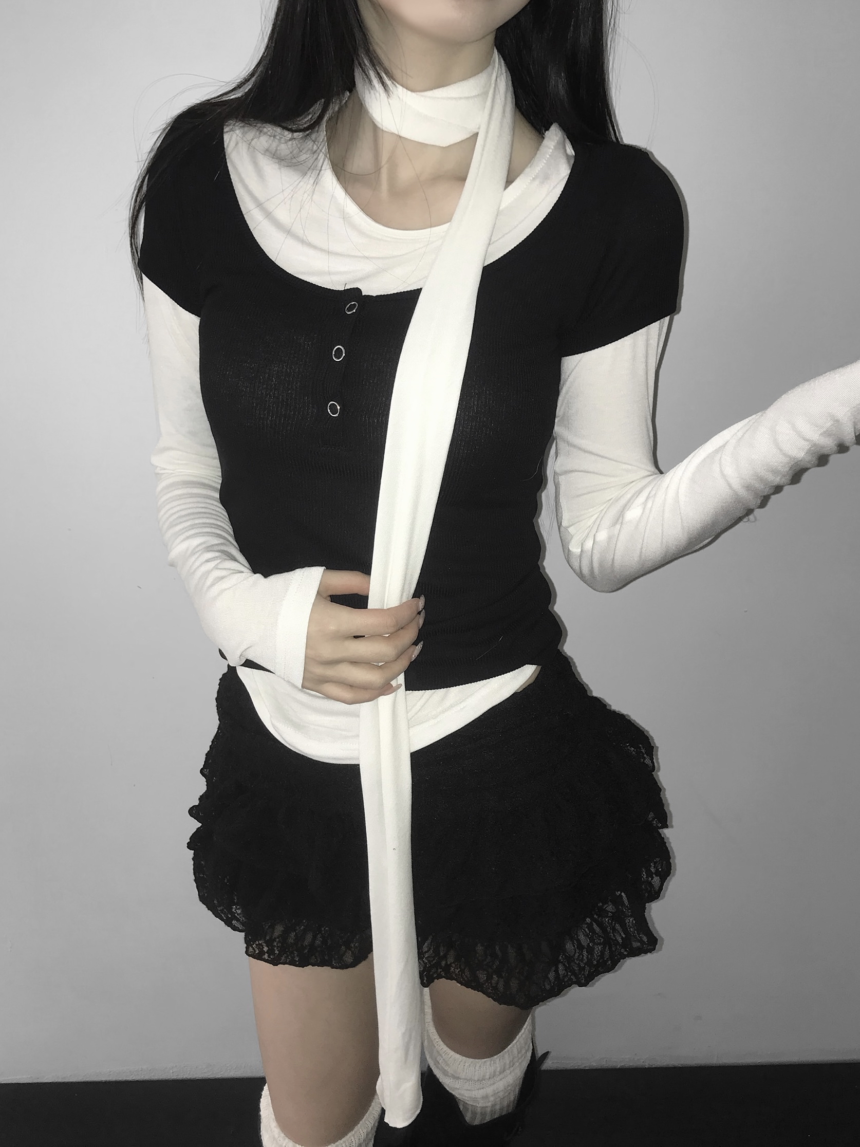 Ruched Button Long Sleeve with Scarf Tie