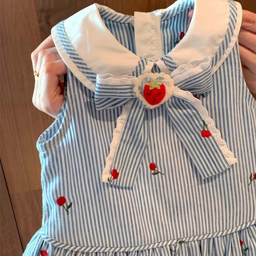 Striped Strawberry Bowknot Dress with Mushroom Necklace