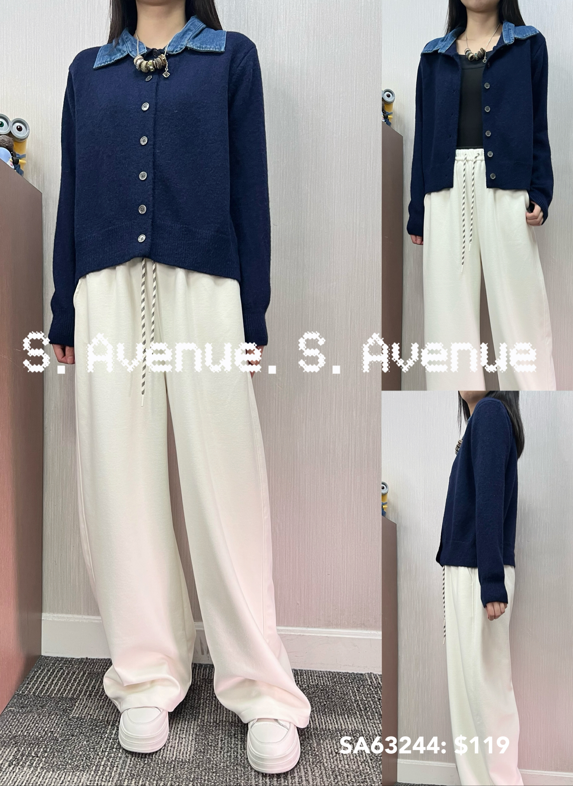 SA63244: 長袖牛仔領有鈕雙著冷top