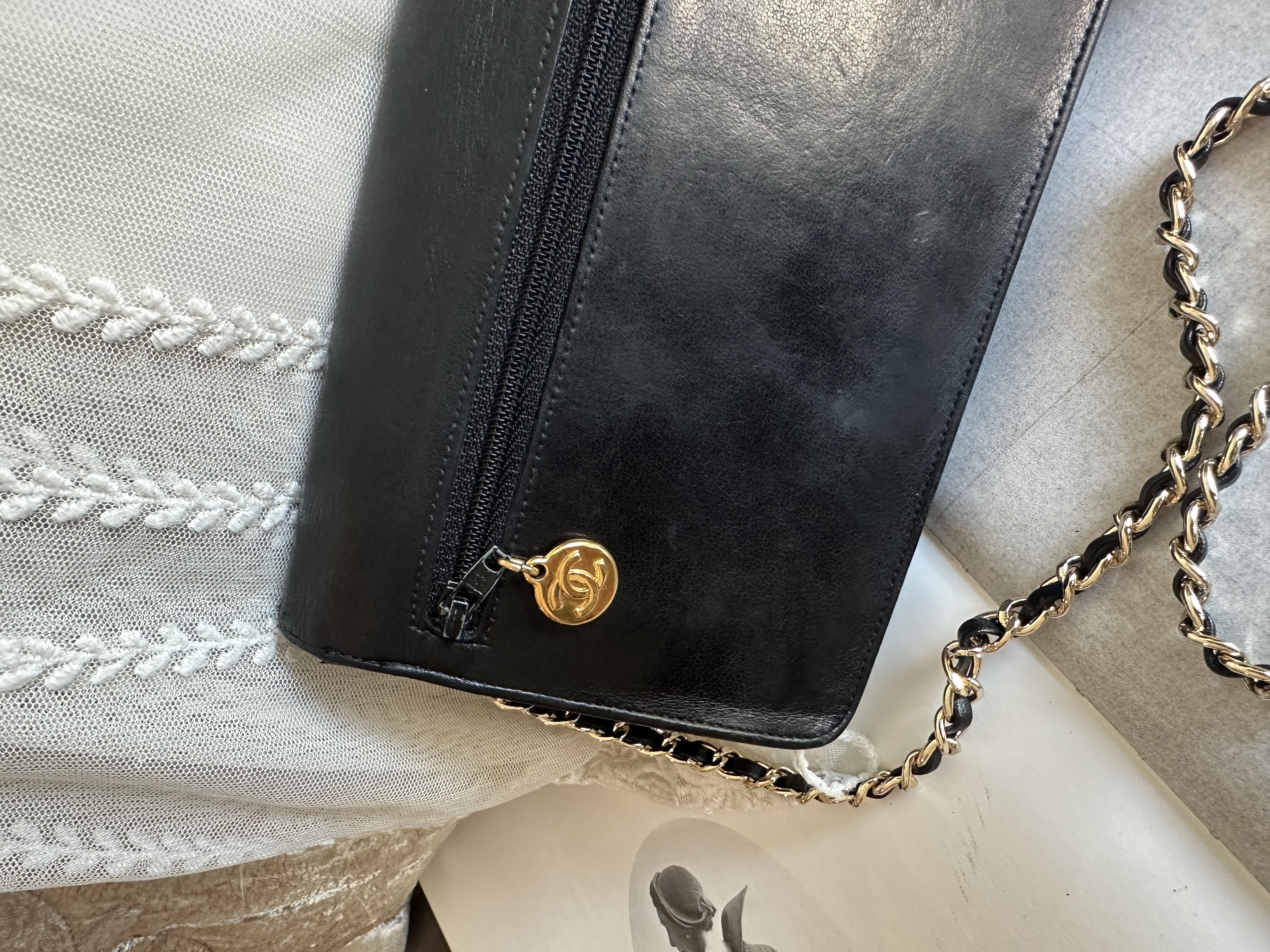vintage chanel cc black lamb leather long wallet