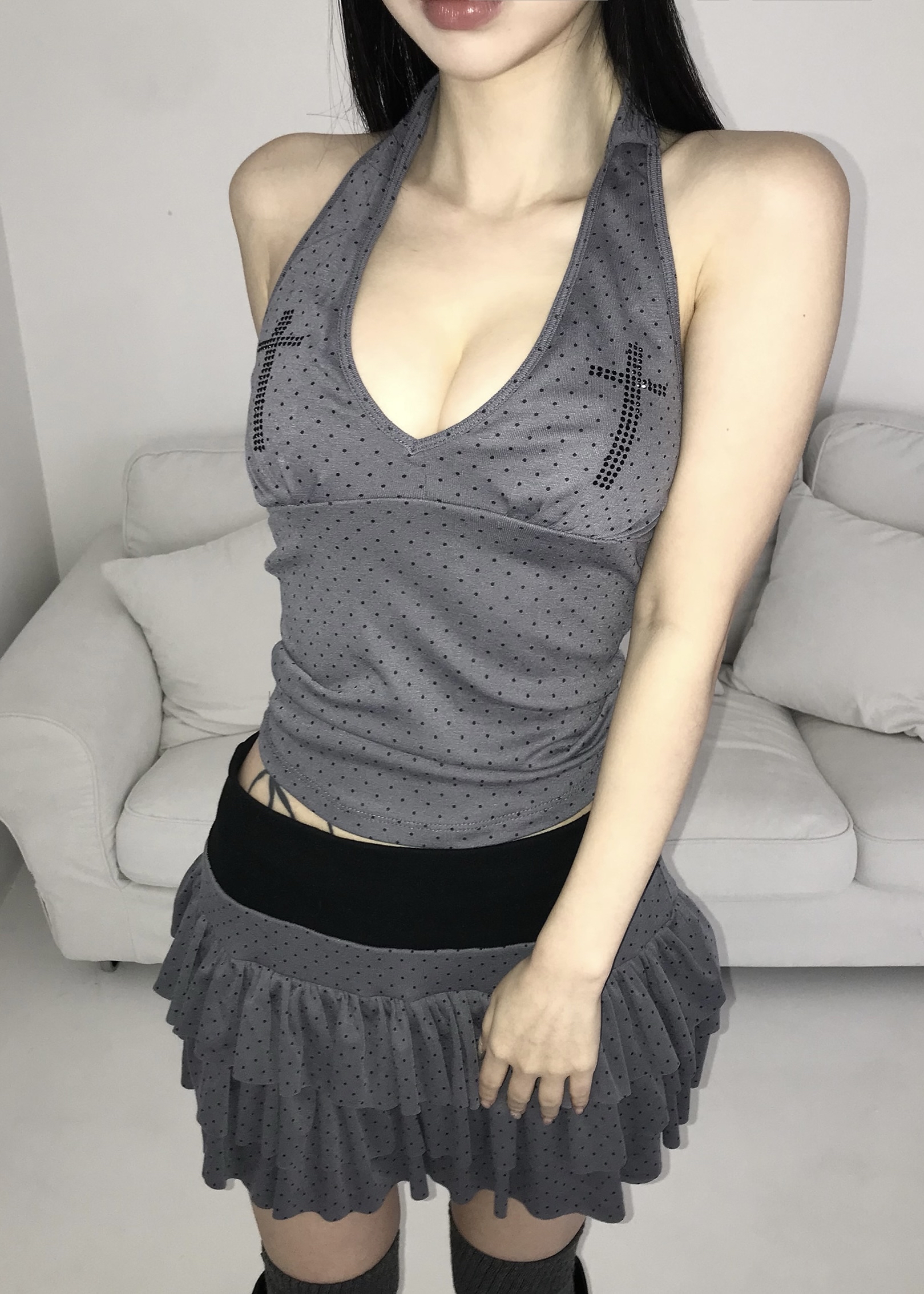 Rhinestone Cross Polka Dot Halter Top