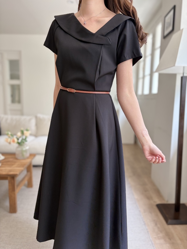 Sailor Collar Belted Dress (Black)