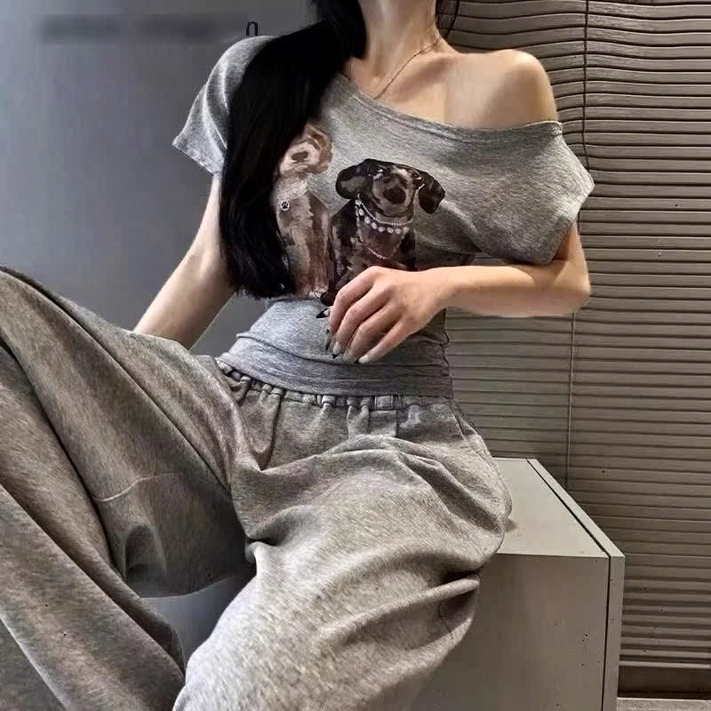 灰色狗狗印花露肩T卹