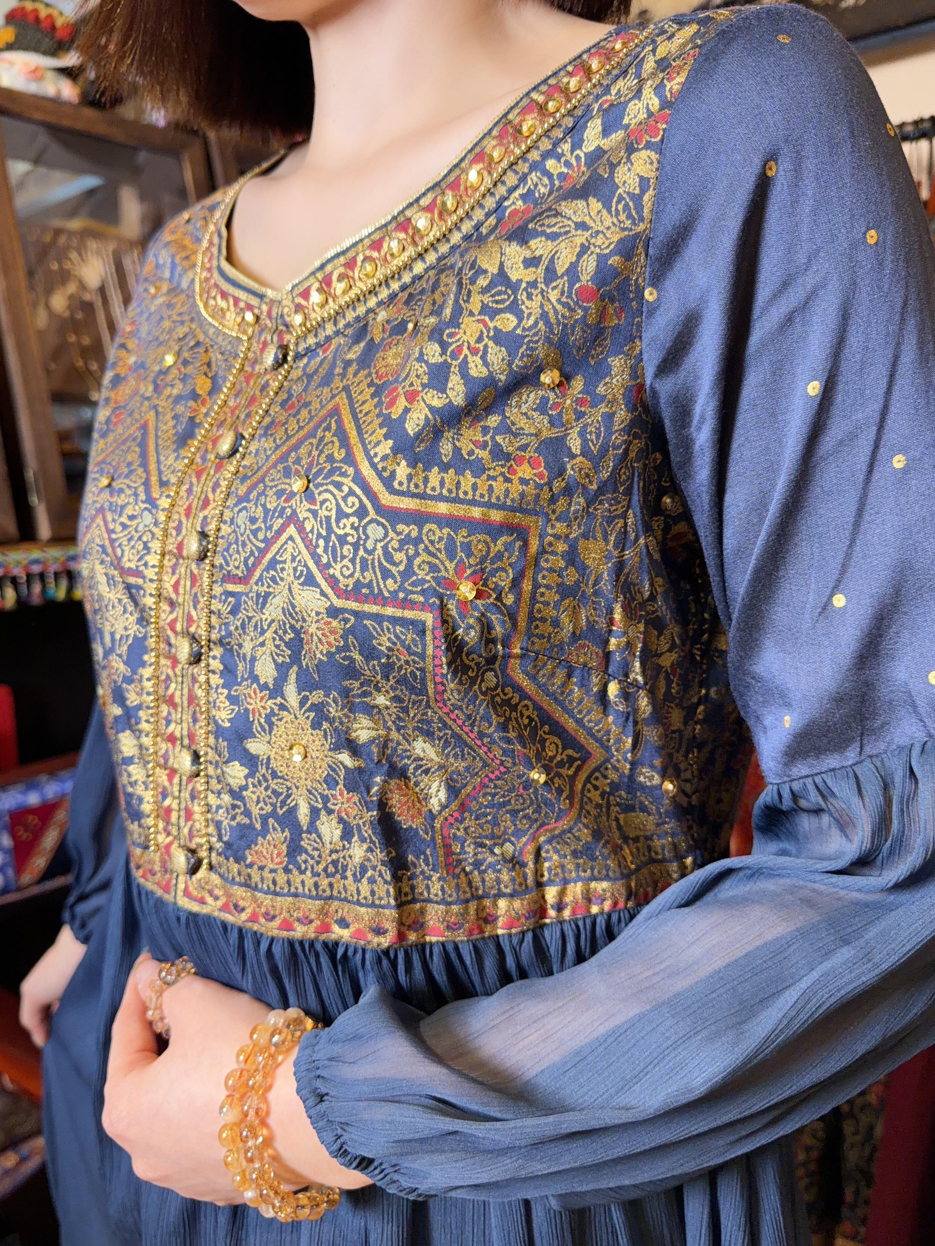 Royal Blue Gold Print Round Neck Chiffon OP 39.5" #1124