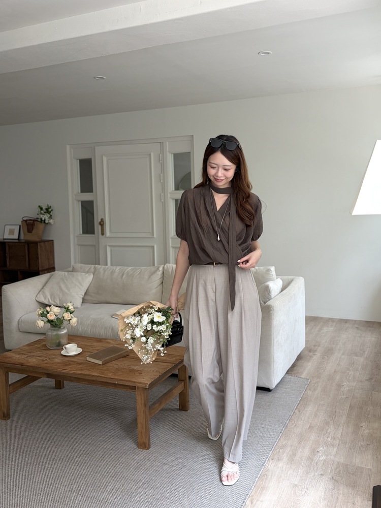 Louise Wrap Blouse with Tie (Brown)