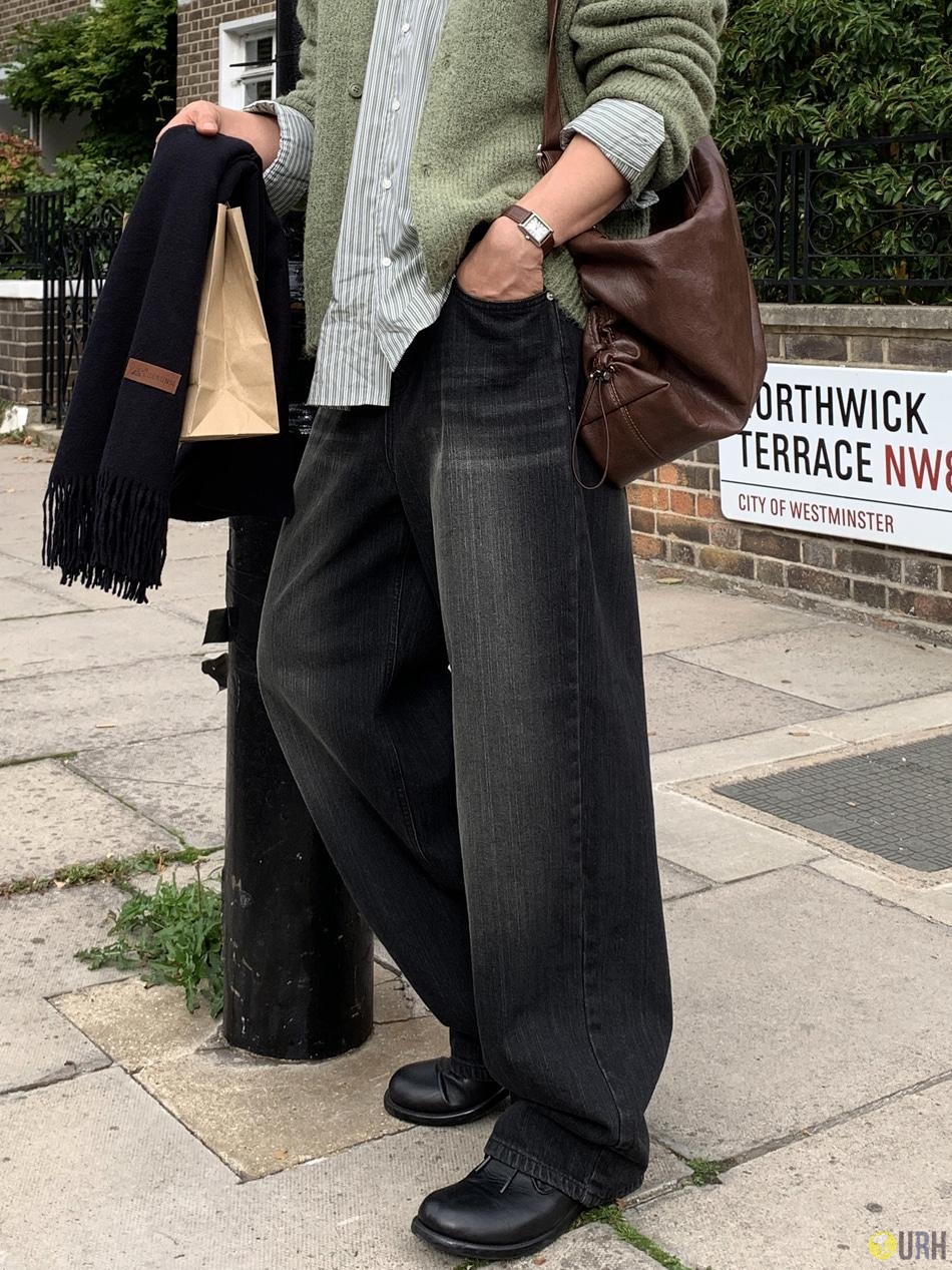 【100%保證韓國直送】復古墨綠洗水質感寬鬆牛仔長褲 Black Green Washing Denim Wide Pants RL114584