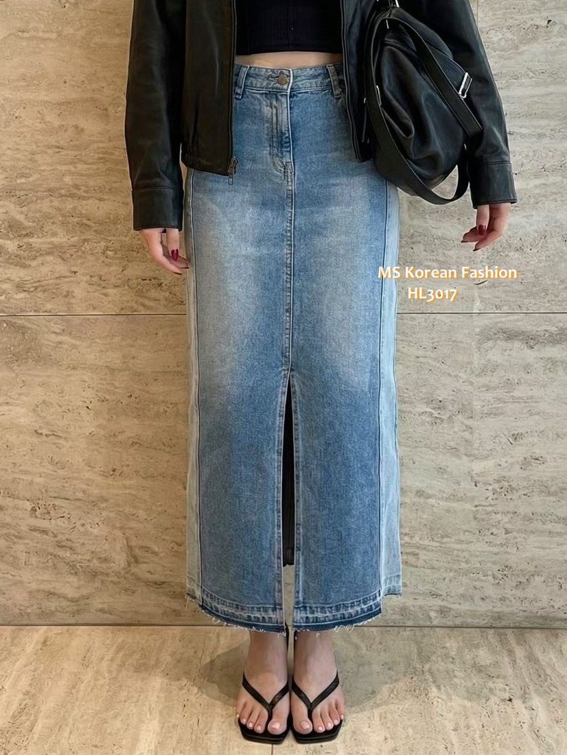 HL3017 韓國🌼Howluk前開叉拼色中長牛裙