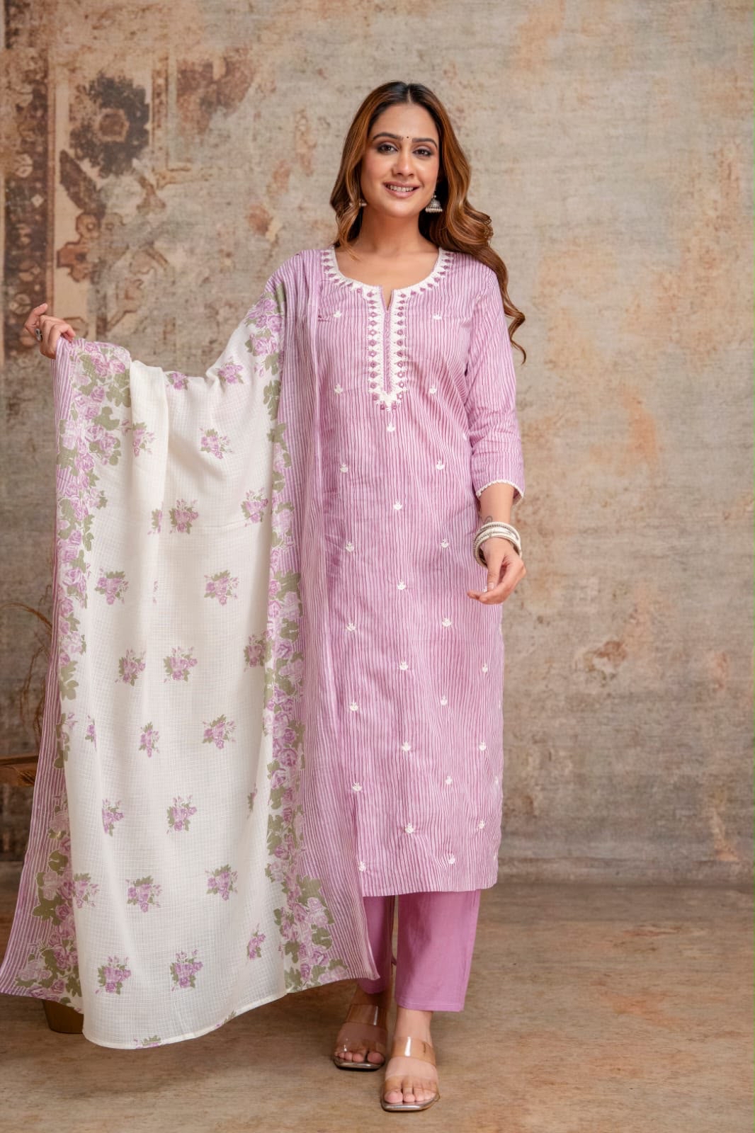 Light Purple Striped Embroidered Kurta Set