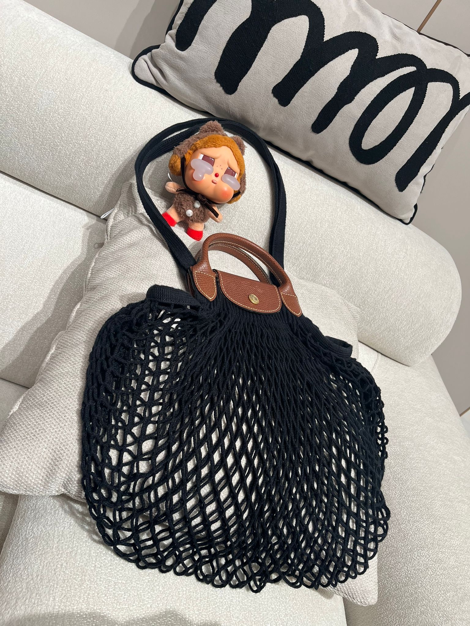 Longchamp LE PLIAGE FILET mesh bag黑色棉質漁網包100%Authentic,95%new 