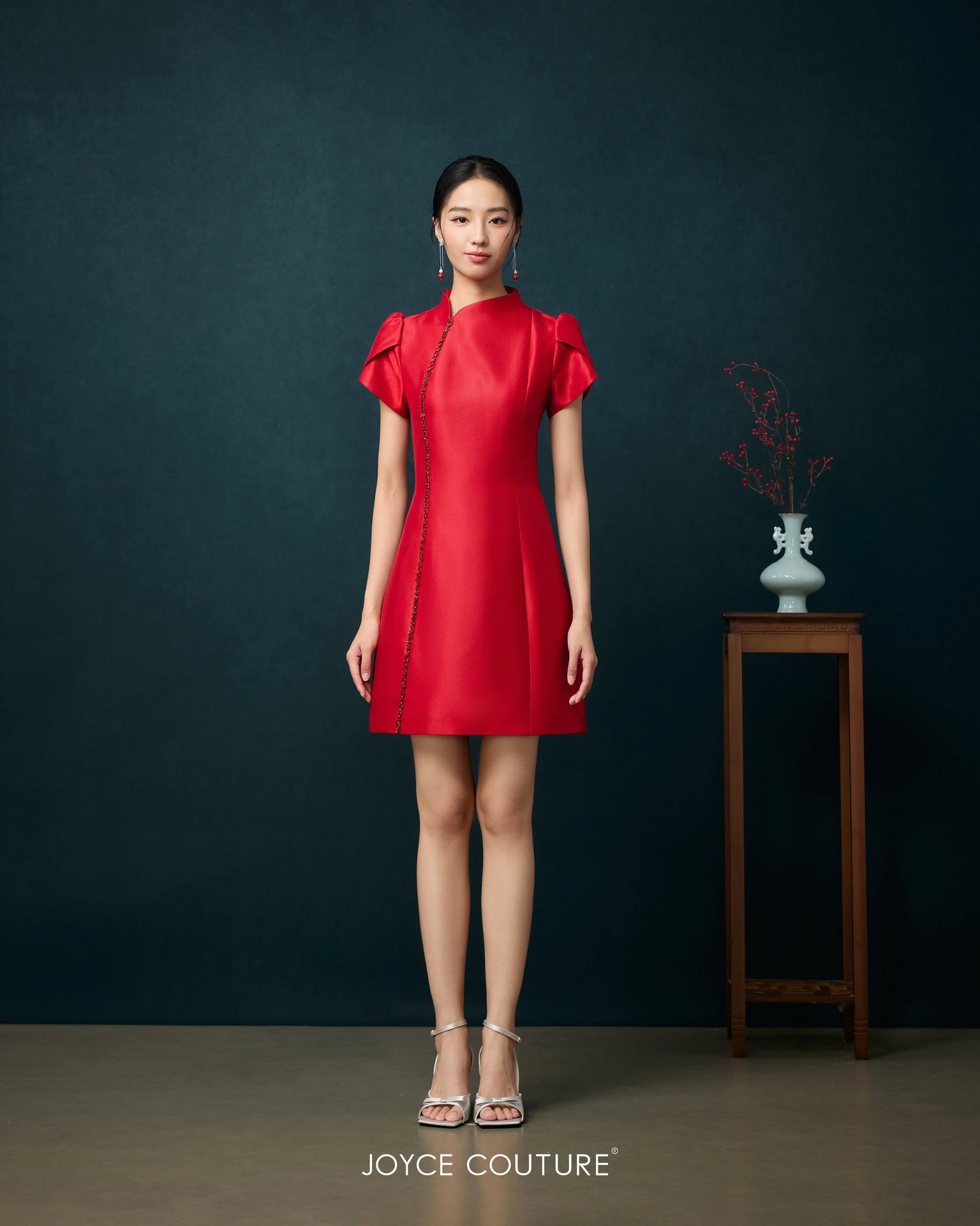 精致的珠饰点缀公主袖连身裙 D0096