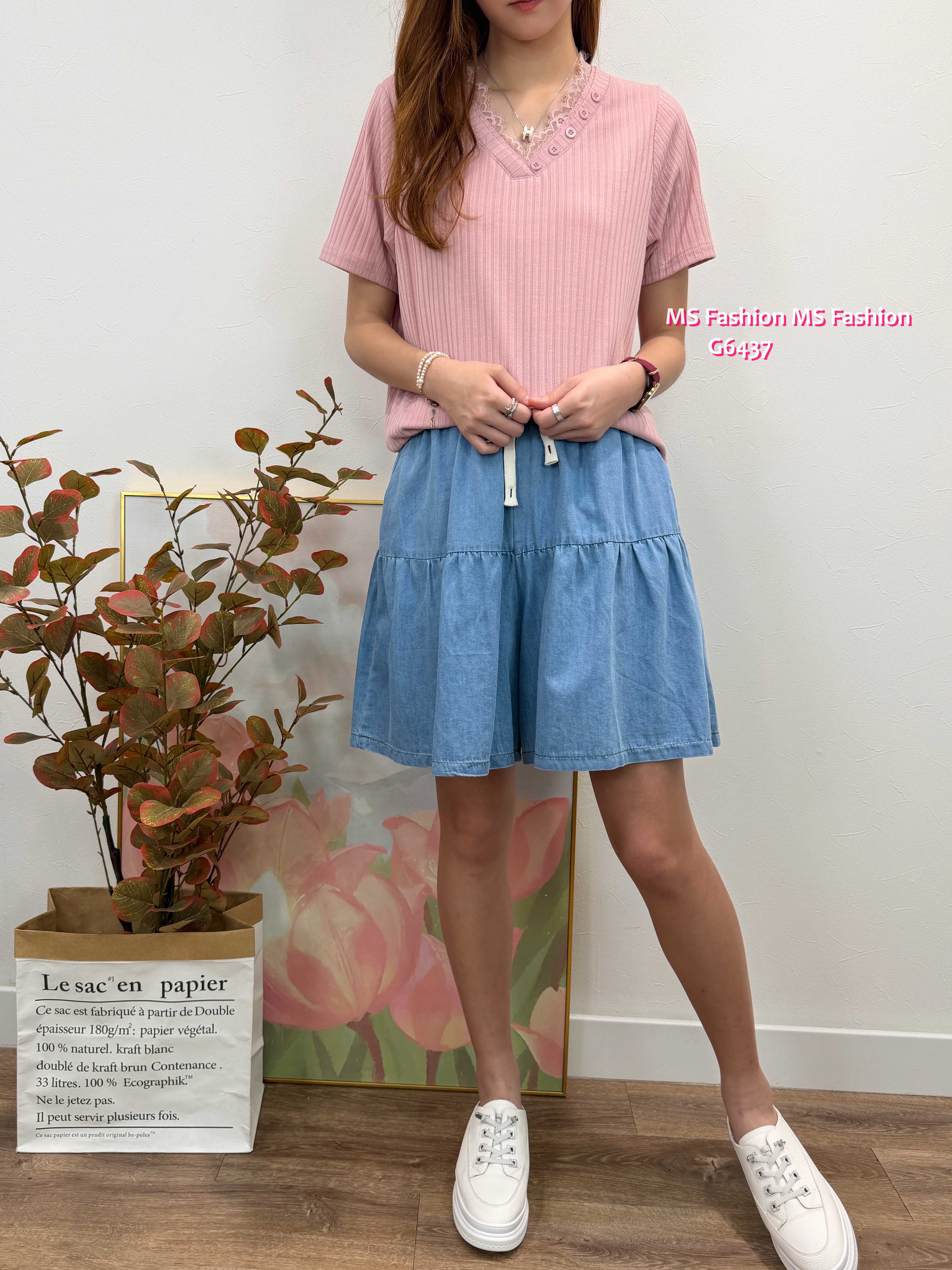 G6437 V領lace暗直紋top