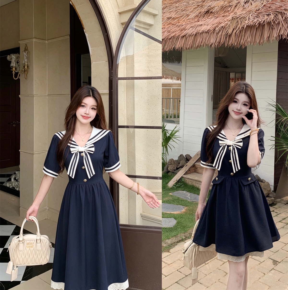 B171(8976短) 短款韩版复古学院风水手蝴蝶结领下摆A字蓝连身裙 