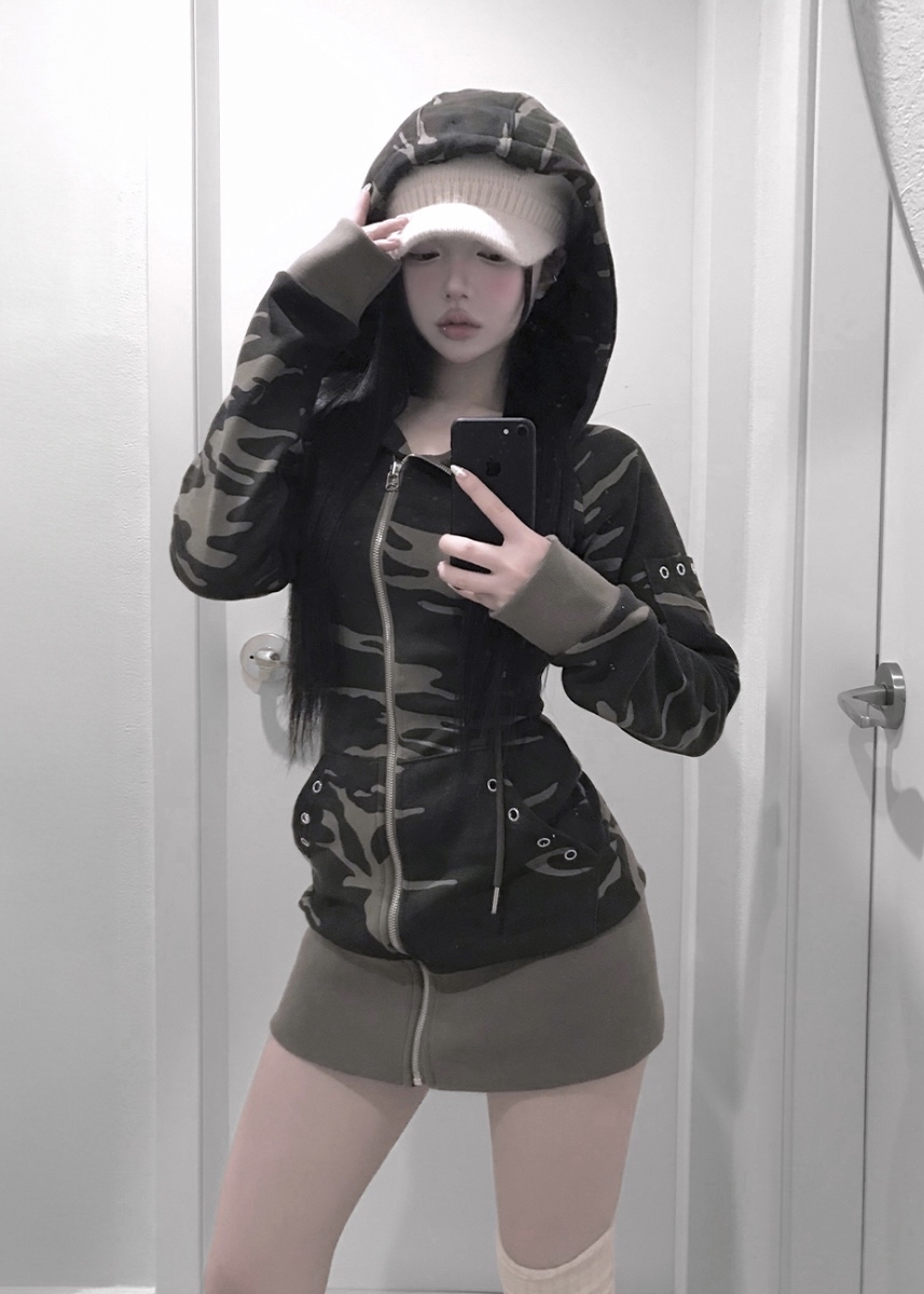 Camo Zip-Up Hooded Mini Dress