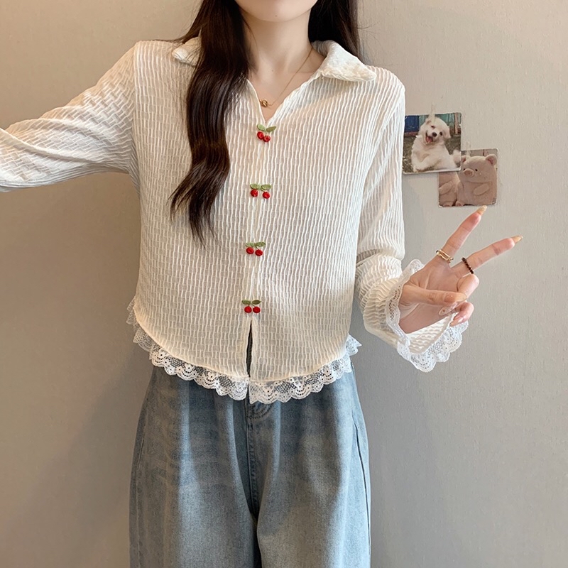 B104(21567) 韩系甜美风微褶皱翻领前部樱桃拼蕾丝花边3色上衣