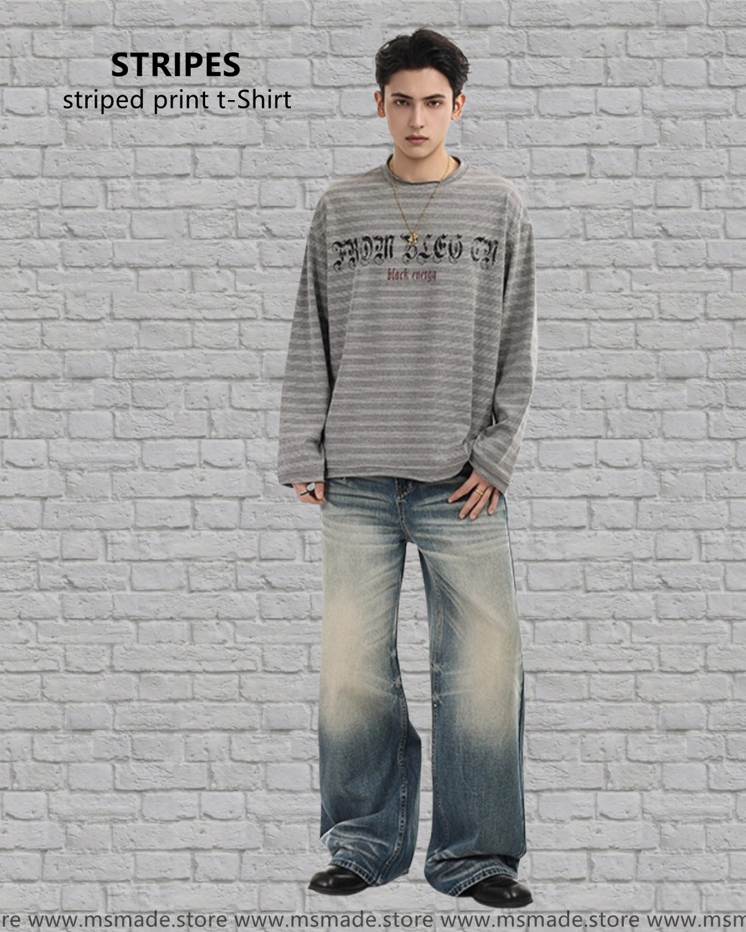 W44復古條紋印花T恤