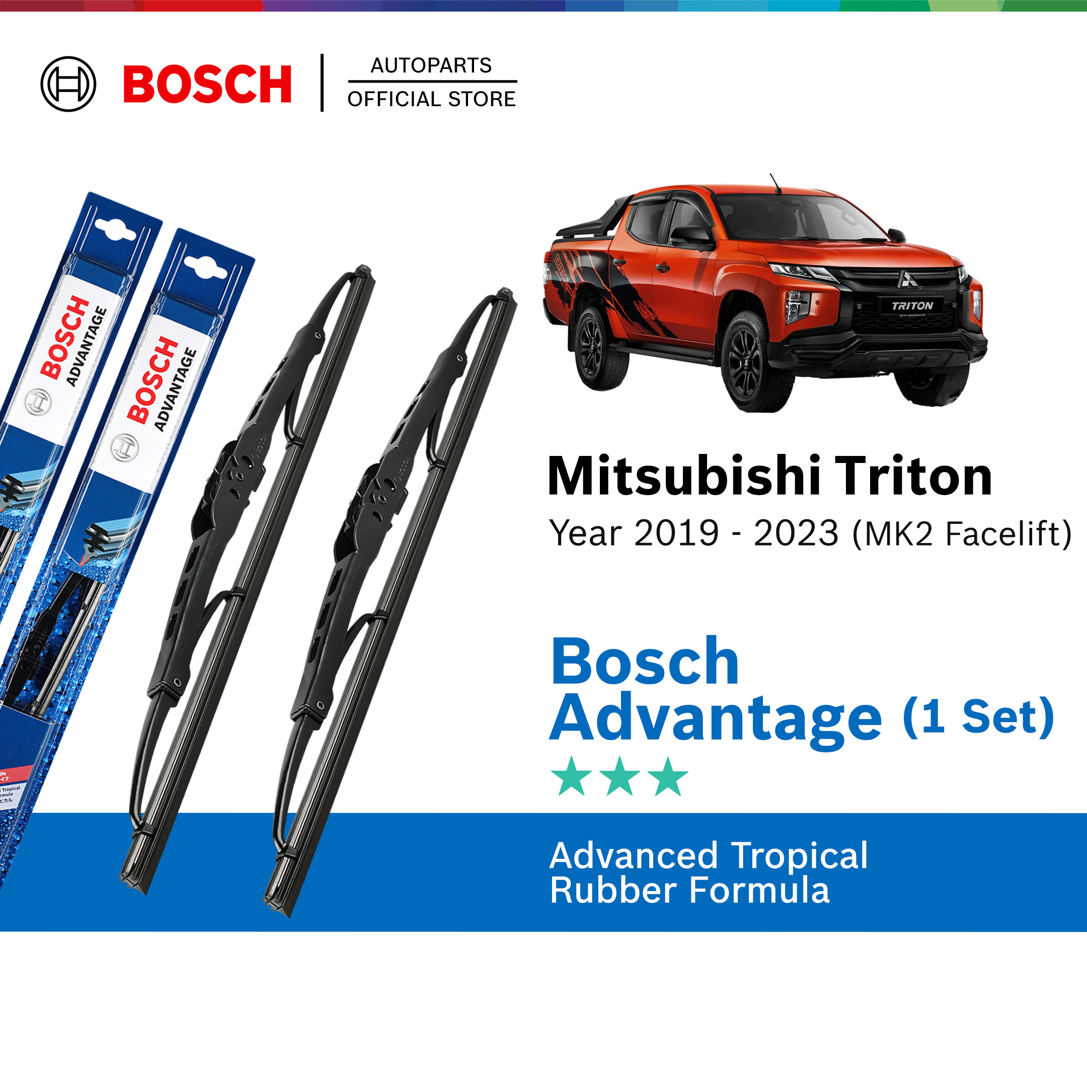 Bosch Advantage U Hook Wiper Set for Mitsubishi Triton MK2 Facelift (22"/18")