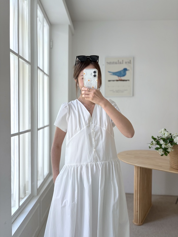 Airy Button Front Long Dress (White)
