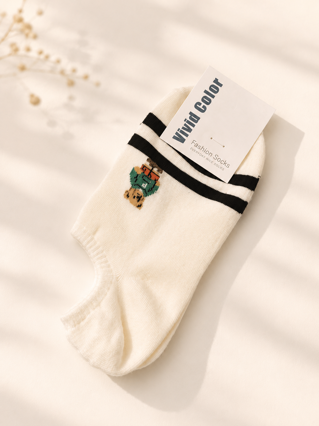 Korean Bear & Stripe Low Socks