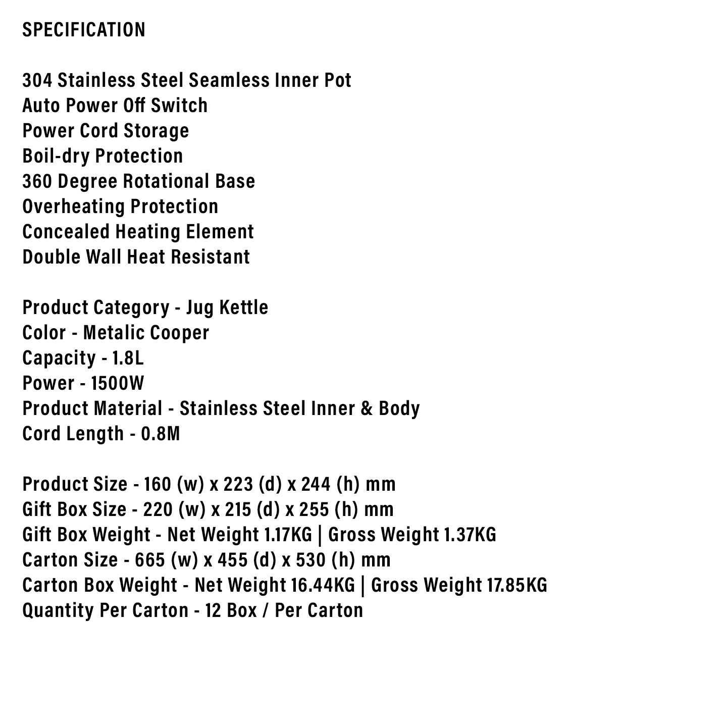 Faber 1.8L Jug Kettle FCK DW 1899MBR