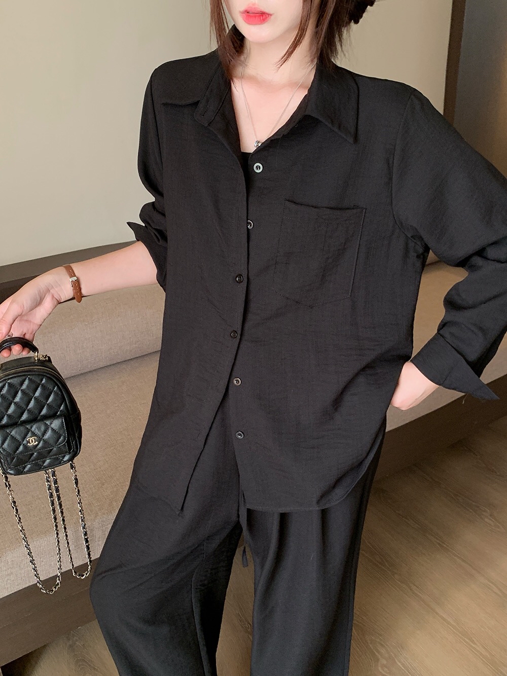 B277(3351) 气质慵懒老钱风翻领前排钮衬衫与长裤3色套装