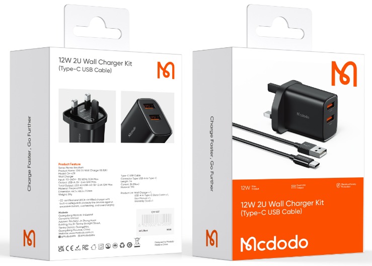 MCDODO CH4792 12W 2U WALL CHARGER KIT TYPEC USB CABLE-CHARGER:12W 2U CHARGER WITH C