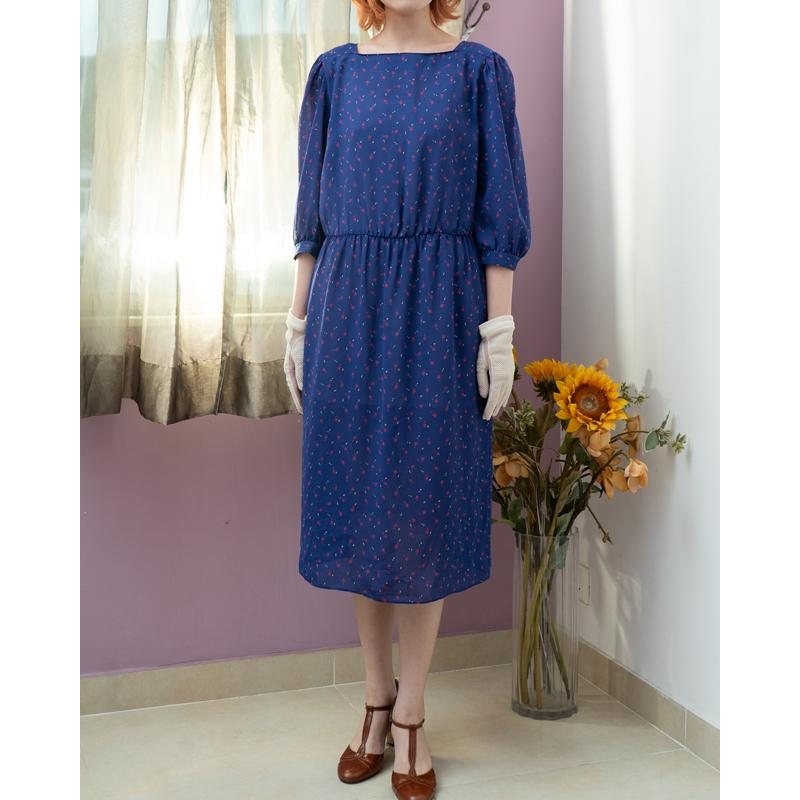 Vintage C.a. 1980s American Geison Peters Low BoatNeck Mid-Sleeve Summer Chiffon Dress (MT1840-20)