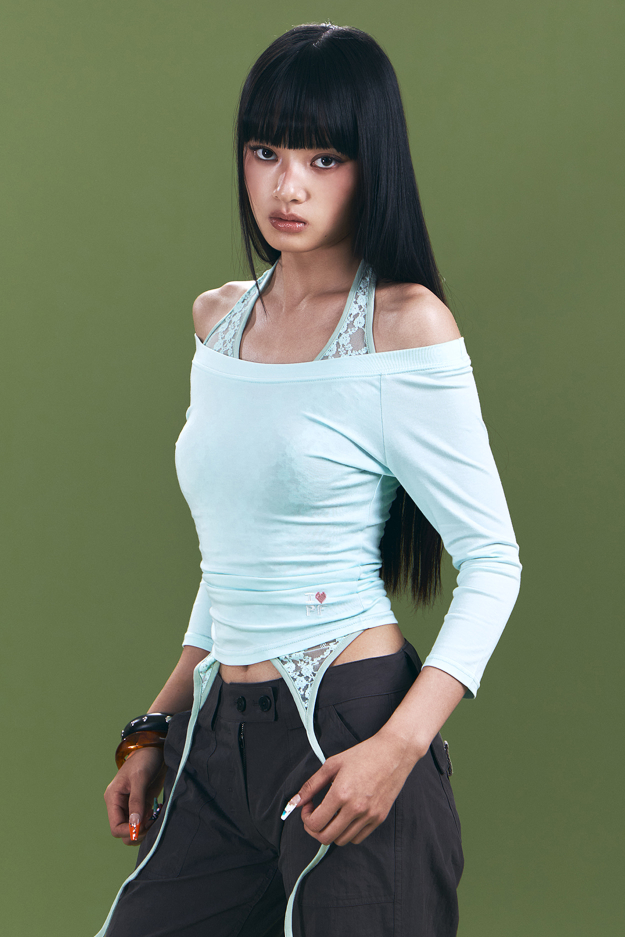 pleaseNOFOLLOW - Zed Off-Shoulder Long Sleeve Top (Mint)