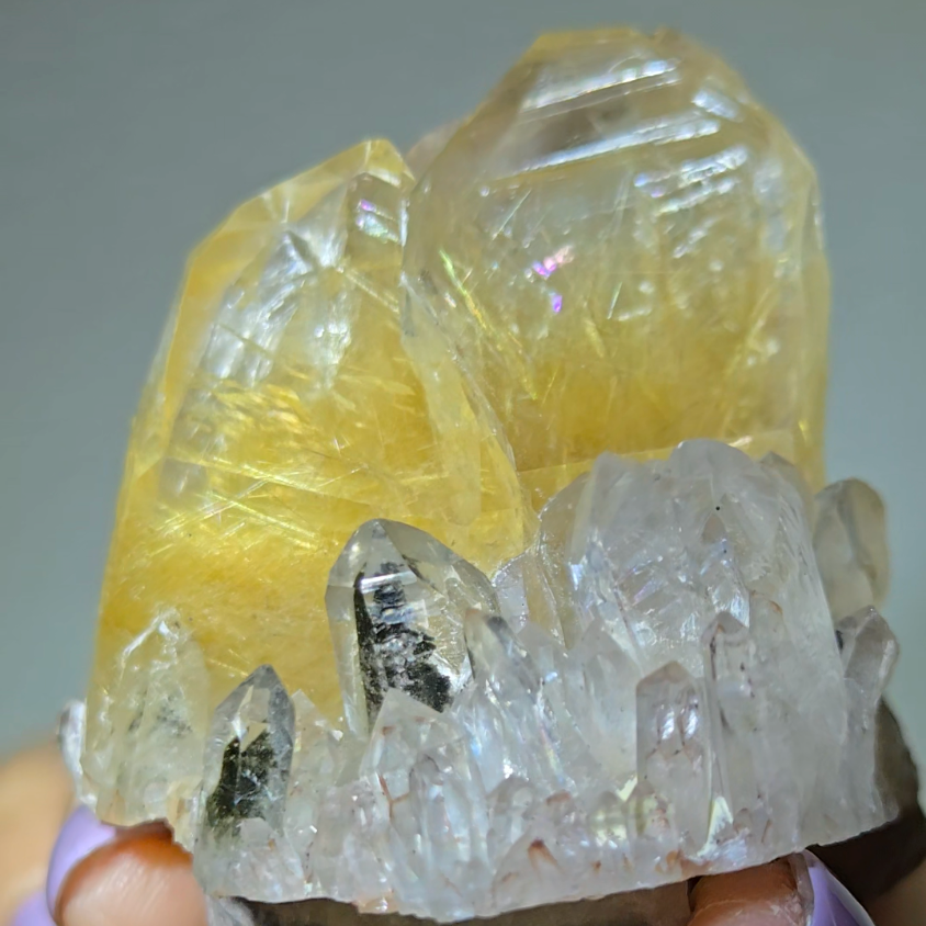 Golden rutilated quartz with chlorite points, rainbows - RT110