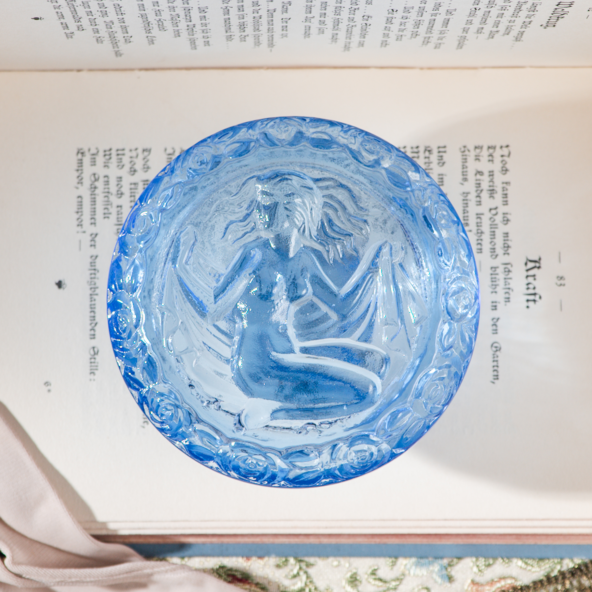 Rare! C.a. 1960s New Old Stock West German Goddess Sculpture with Rose Trim Blue Glass Trinket Box( MZ017)