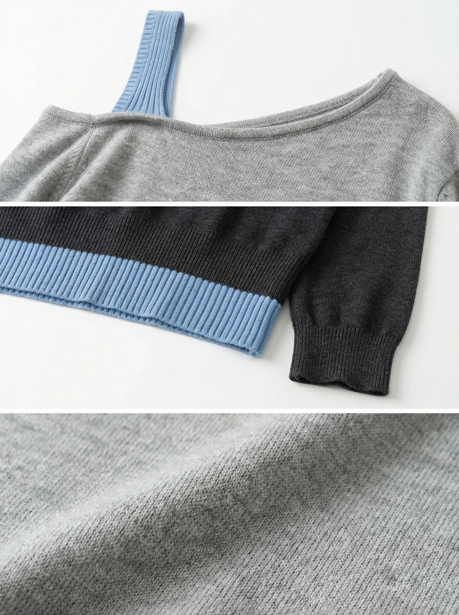 灰藍撞色斜肩短版針織毛衣