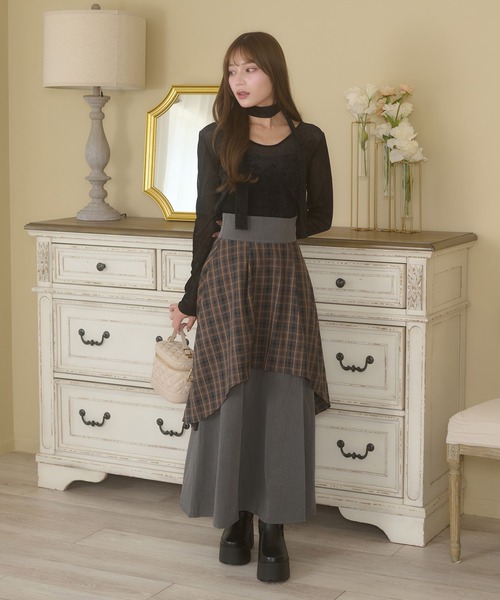 格子雙層開衩喇叭裙