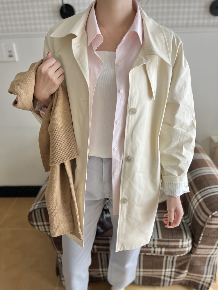 Stripe-Lined Relaxed Trench Coat (Cream)