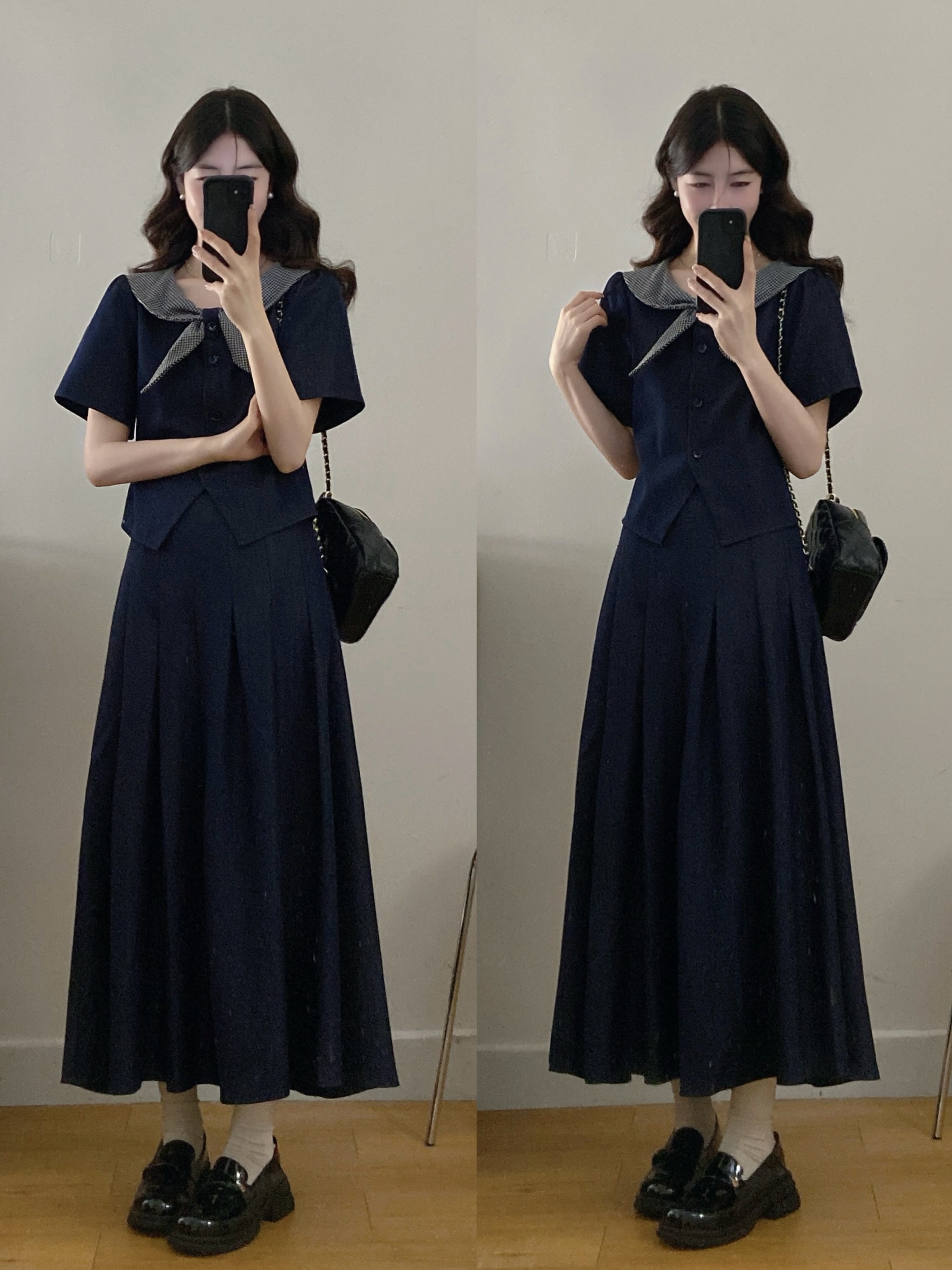 B237(3116) 韩系冰丝JEANS气质拼接格纹娃娃领上衣与百褶长裙蓝套装