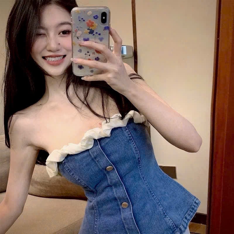 牛仔無肩帶束身胸衣*