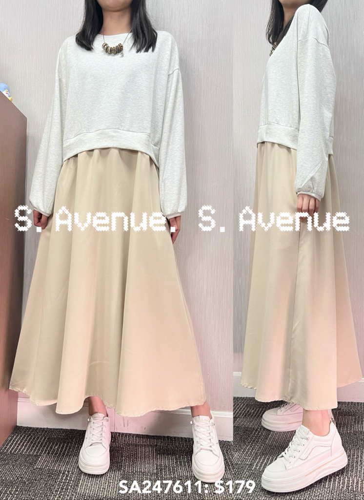 SA247611: 長袖淨色拼色長裙