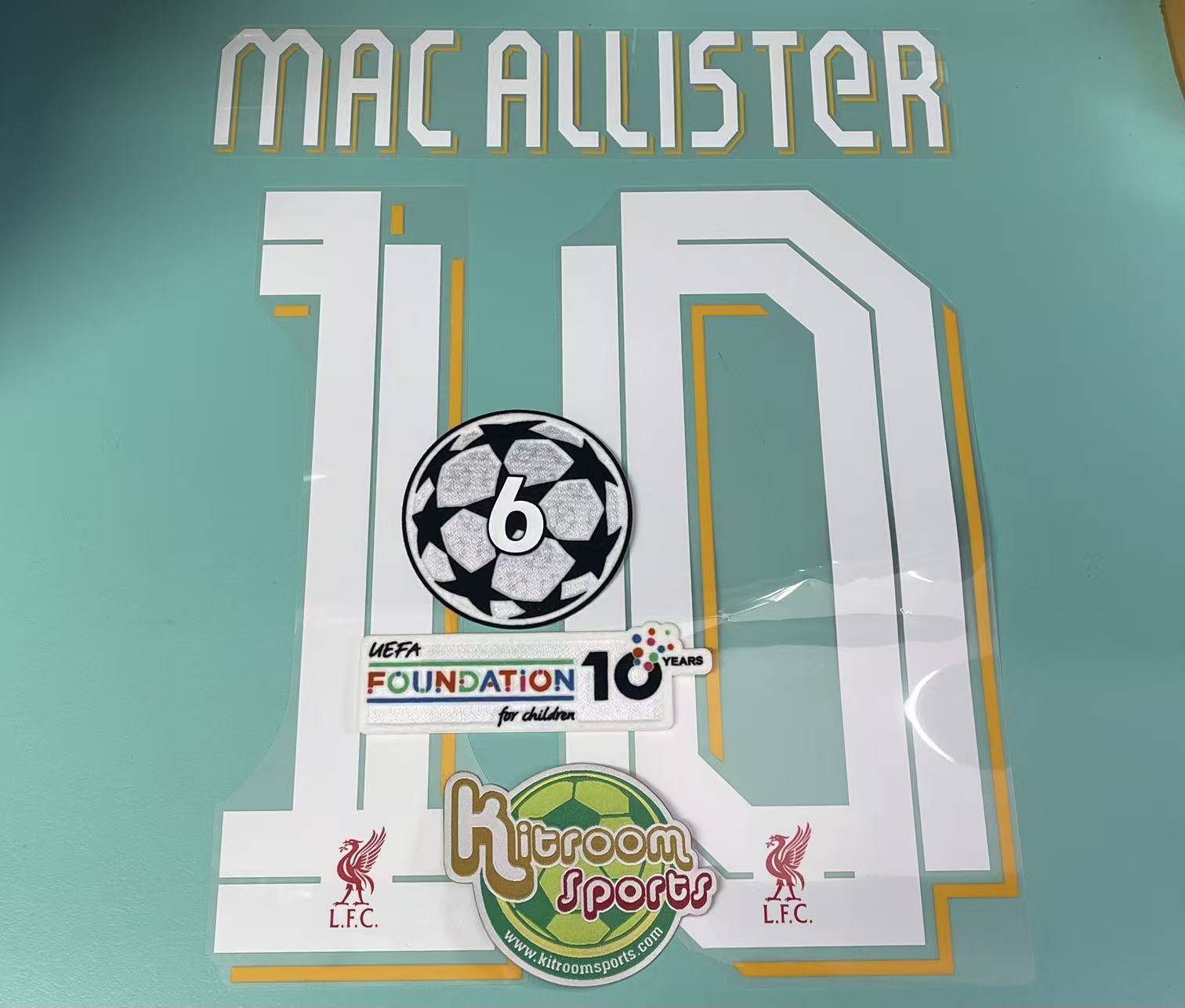 2025-26 Liverpool Home UCL Nameset #10 MAC ALLISTER + 6 UCL + Foundation Patch