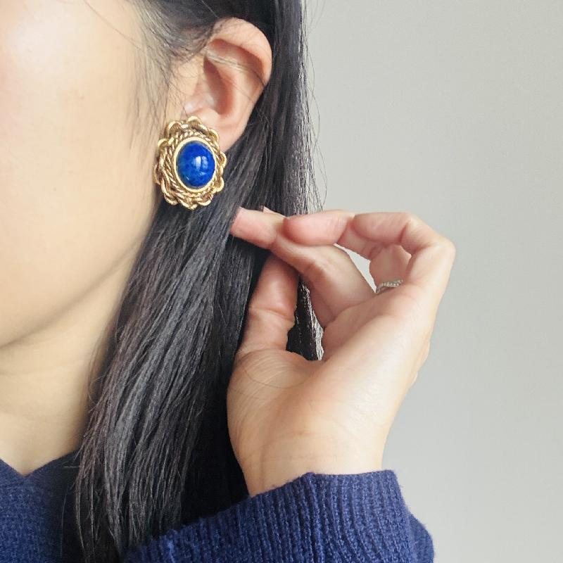 Vintage Lapis Blue Glass Stone Clip Earrings from Germany (NZ015-4)